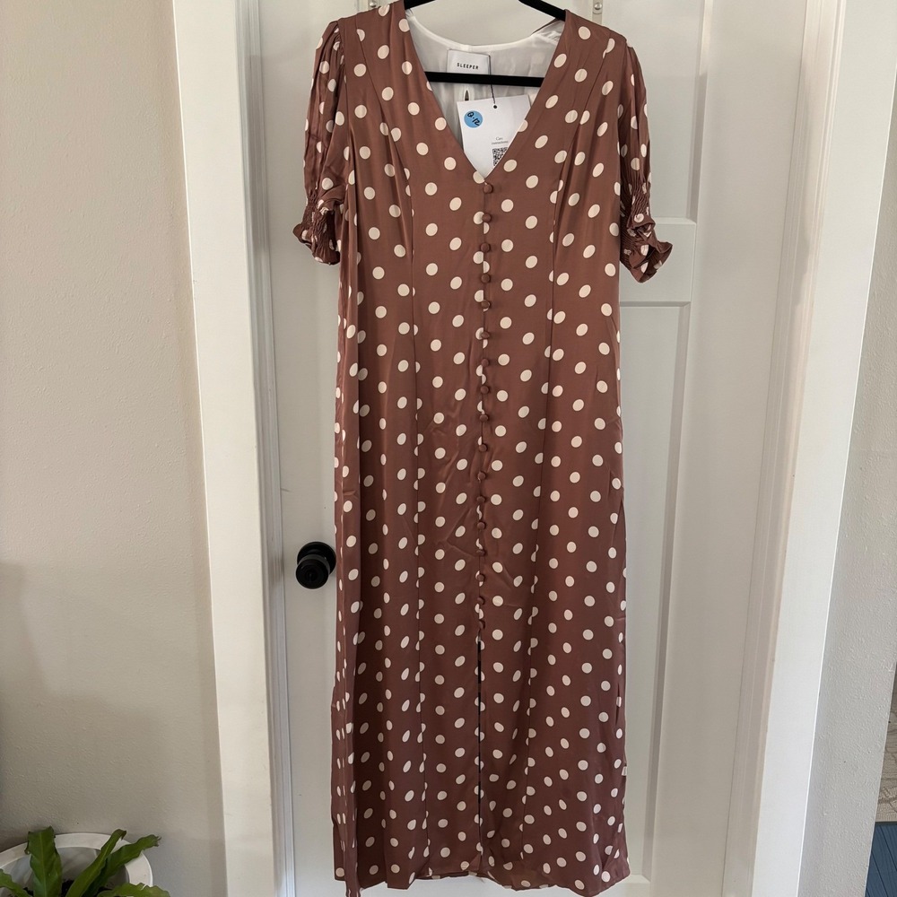 NWT SLEEPER Bella Brown Polka Dot Midi Dress Puff Sleeve Button Front M Coquette